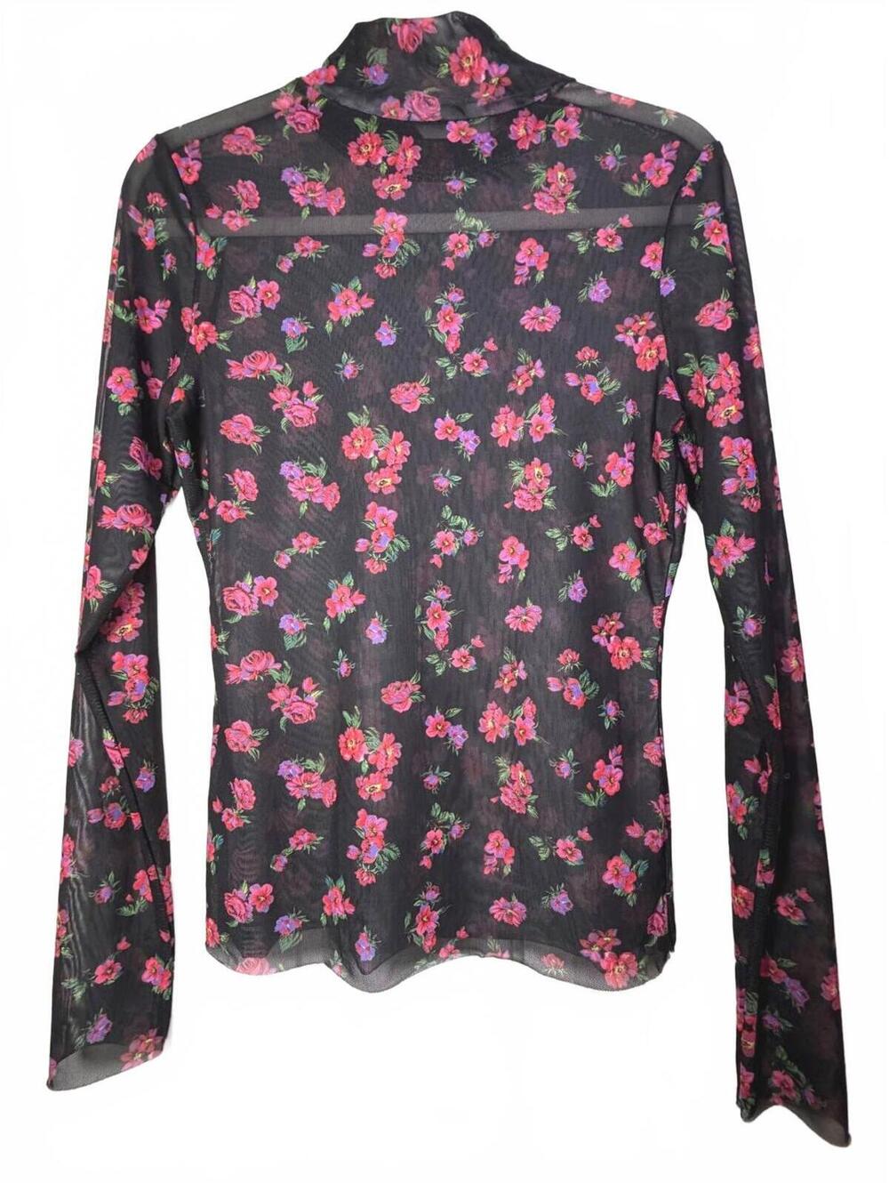 AFRM Kaylee Mesh Top L Black Pink Floral Sheer Turtleneck Long Sleeve